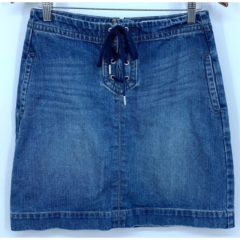 Ann Taylor Loft Denim Jean Skirt Size 2 Zip Side Pockets High Rise Lace Front